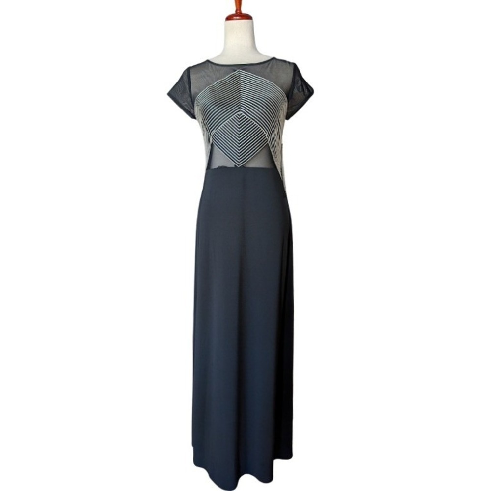 Vintage Ever Beauty Black White Geometric Mesh Cap Sleeve Maxi‎ Gown Size 10 NWT